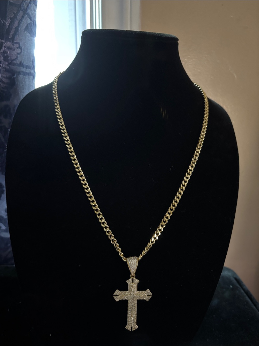 Gold Cuban Chain Necklace with Pave Cross Pendant